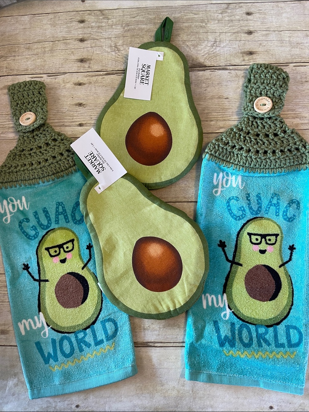 Bundle of 4 Crochet Top Hanging Towels & Pot Holders Set Avocados